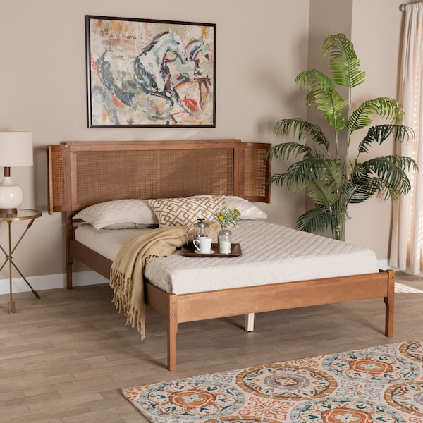 Baxton Studio Eridian MidCentury Modern Walnut Brown Finished Wood and Natural Rattan Queen Size Platform Bed 222-11891-ZORO - main